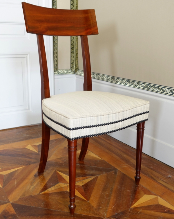 Set of 10 Directoire mahogany dining chairs, horsehair covers, model by Jacob - late 18th century
