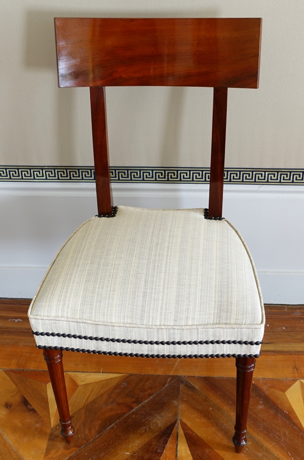 Set of 10 Directoire mahogany dining chairs, horsehair covers, model by Jacob - late 18th century