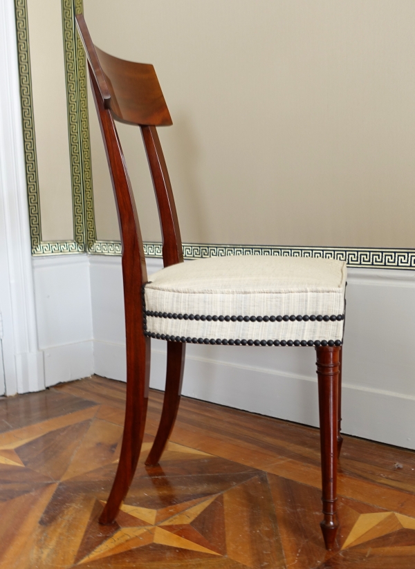 Set of 10 Directoire mahogany dining chairs, horsehair covers, model by Jacob - late 18th century