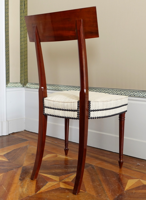 Set of 10 Directoire mahogany dining chairs, horsehair covers, model by Jacob - late 18th century