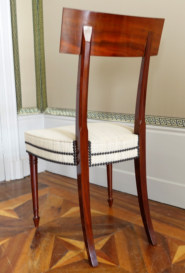 Set of 10 Directoire mahogany dining chairs, horsehair covers, model by Jacob - late 18th century