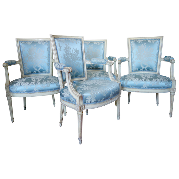 Marc Gautron : set of 4 Louis XVI cabriolet armchairs covered with blue silk, 18th century - stamped