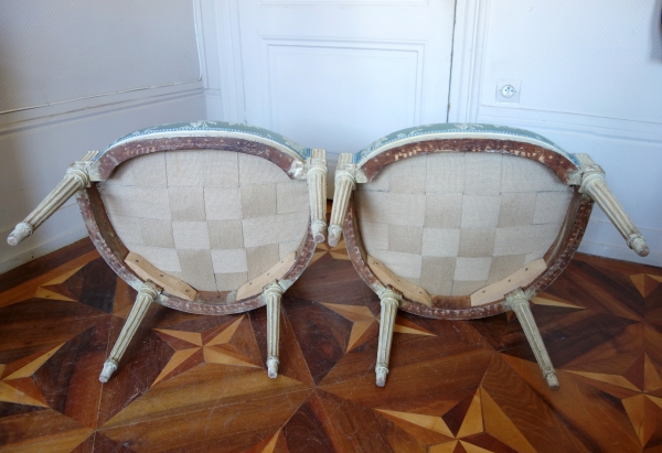 Marc Gautron : set of 4 Louis XVI cabriolet armchairs covered with blue silk, 18th century - stamped