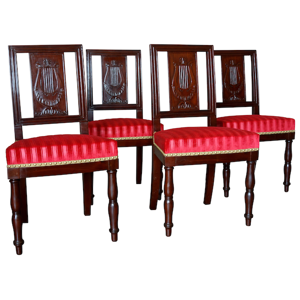 Set of 4 Empire mahogany chairs stamped Quenne, 19th century