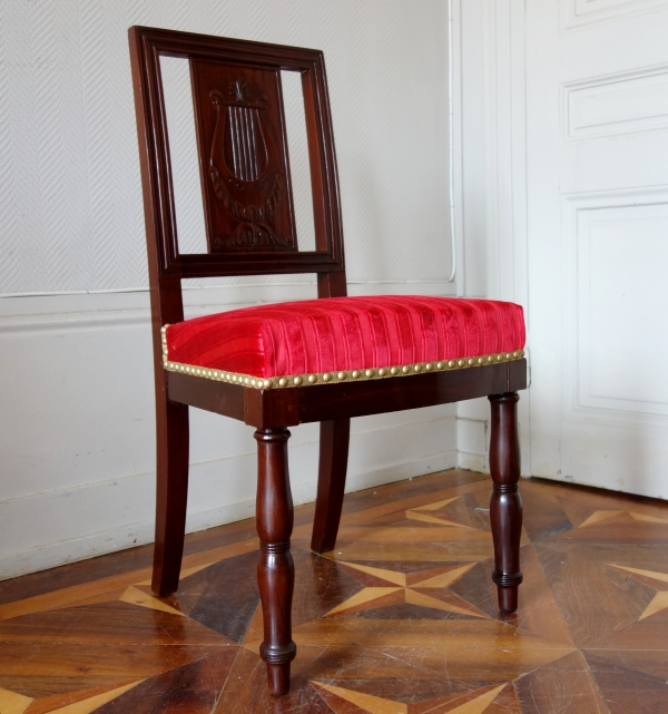 Set of 4 Empire mahogany chairs stamped Quenne, 19th century