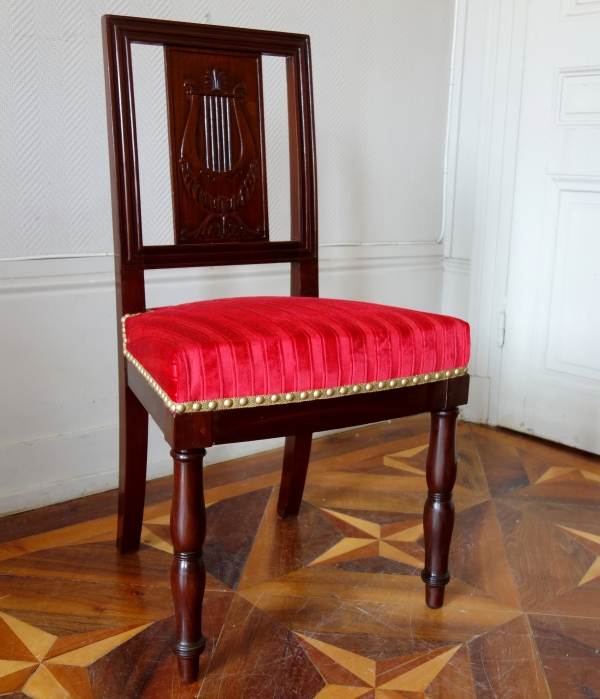 Set of 4 Empire mahogany chairs stamped Quenne, 19th century