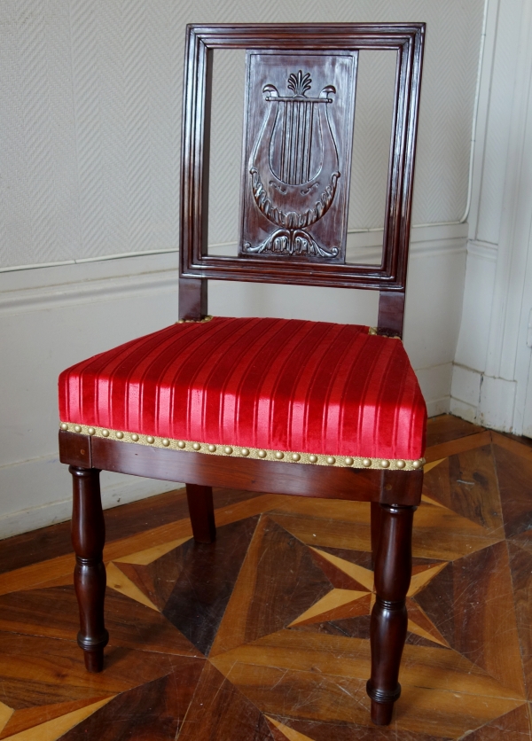 Set of 4 Empire mahogany chairs stamped Quenne, 19th century