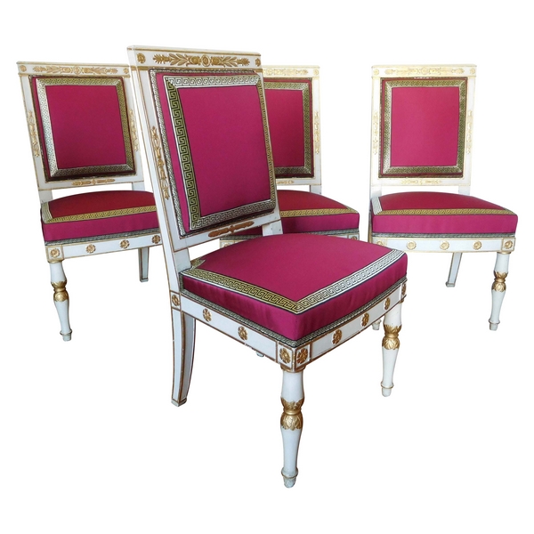 Marcion : série de 4 chaises d'époque Empire en bois laqué et doré estampillées