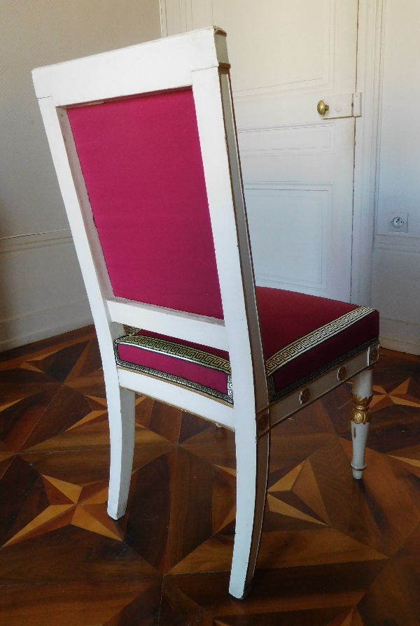 Marcion : série de 4 chaises d'époque Empire en bois laqué et doré estampillées