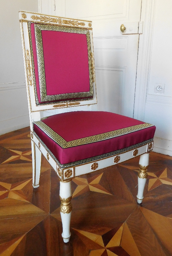 Marcion : série de 4 chaises d'époque Empire en bois laqué et doré estampillées