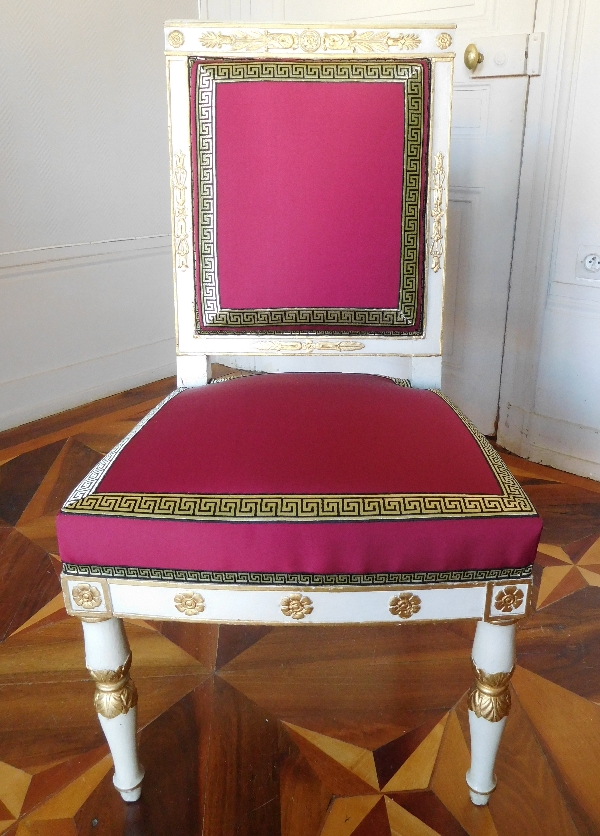 Marcion : série de 4 chaises d'époque Empire en bois laqué et doré estampillées