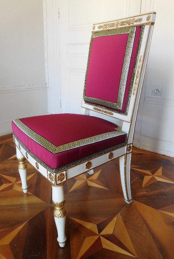 Marcion : série de 4 chaises d'époque Empire en bois laqué et doré estampillées