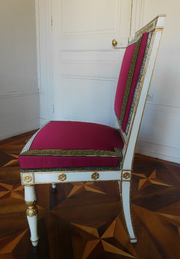 Marcion : série de 4 chaises d'époque Empire en bois laqué et doré estampillées