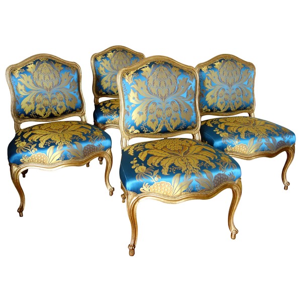 Suite de 4 chaises d'époque Louis XV en bois doré estampillées de Meunier - façon Palais de l'Elysée