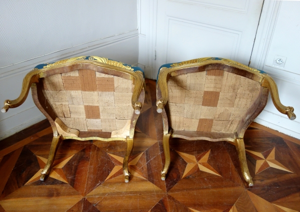 Set of 4 Louis XV gold leaf gilt wood chairs stamped Meunier, 18th century