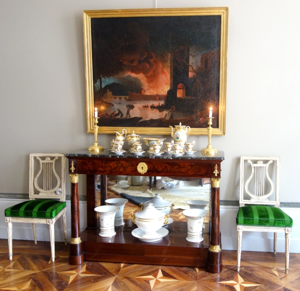 Suite de 4 chaises lyre d'époque Louis XVI en bois laqué et velours de soie