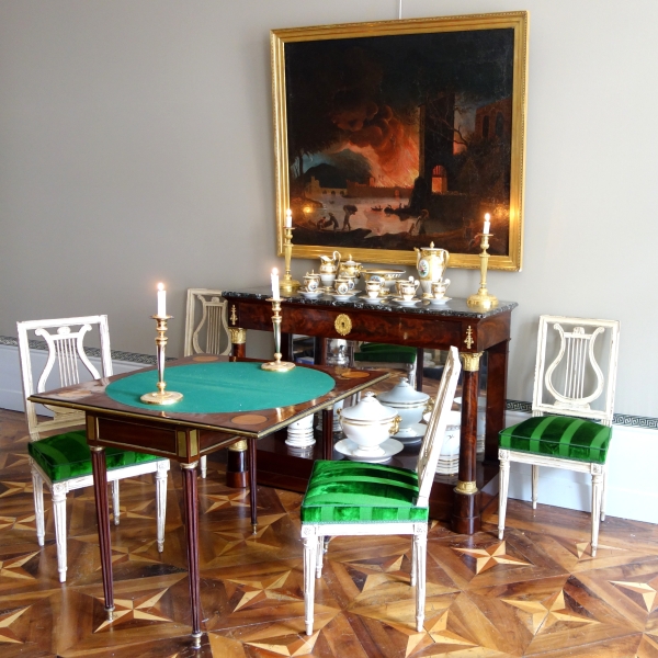 Suite de 4 chaises lyre d'époque Louis XVI en bois laqué et velours de soie