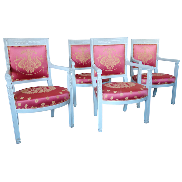 Set of 4 Empire lacquered seats, early 19th century circa 1800, Tassinari & Chatel silk fabric