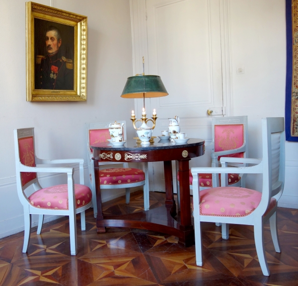 Set of 4 Empire lacquered seats, early 19th century circa 1800, Tassinari & Chatel silk fabric