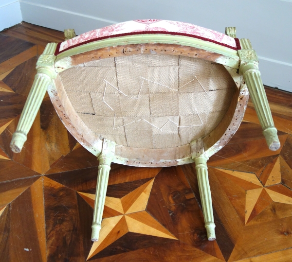 Suite de 4 fauteuils cabriolets d'époque Louis XVI en bois laqué, couverture toile de Jouy