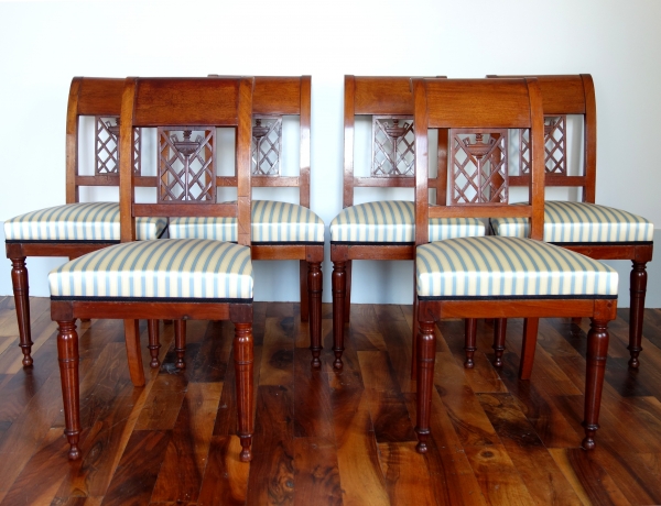 6 French Directoire mahogany chairs, late 18th century