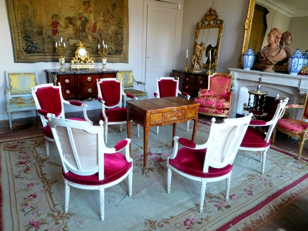 Roussens : mobilier de salon, 6 fauteuils cabriolets Louis XVI en velours de soie - estampille