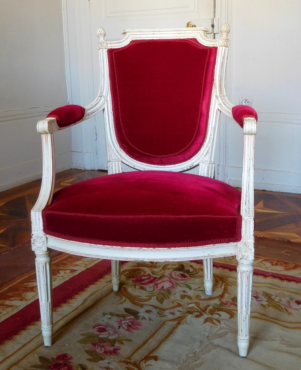 Roussens : mobilier de salon, 6 fauteuils cabriolets Louis XVI en velours de soie - estampille