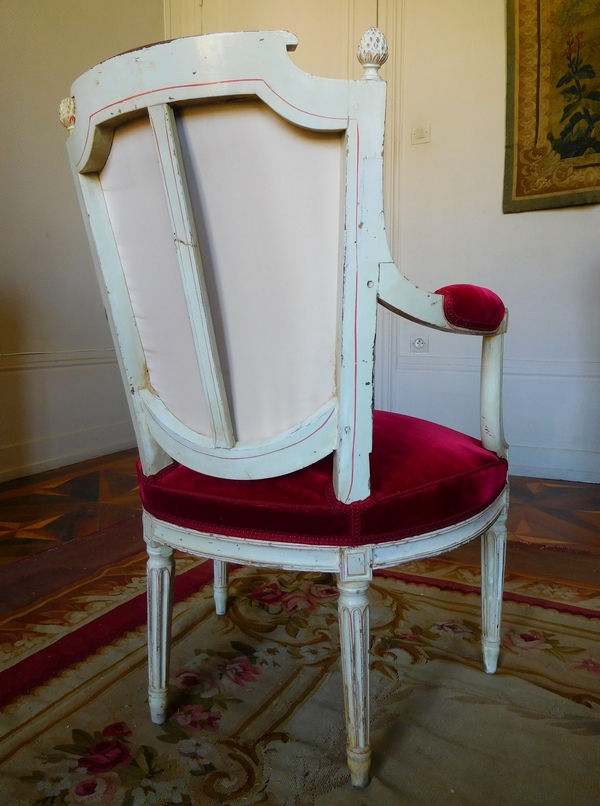 Roussens : mobilier de salon, 6 fauteuils cabriolets Louis XVI en velours de soie - estampille