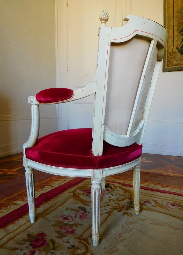 Roussens : mobilier de salon, 6 fauteuils cabriolets Louis XVI en velours de soie - estampille