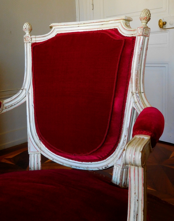 Roussens : mobilier de salon, 6 fauteuils cabriolets Louis XVI en velours de soie - estampille