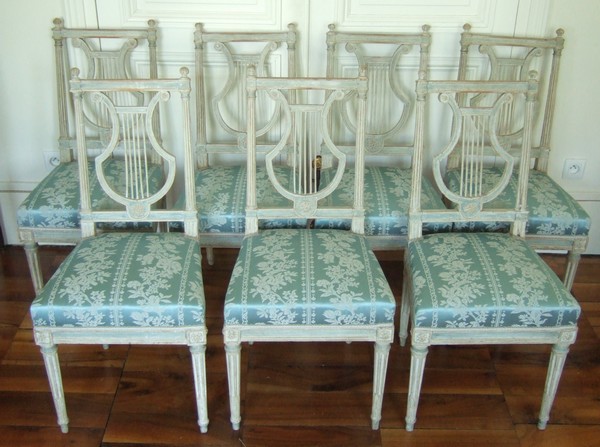 6 Louis XVI lyre-back chairs, 18th century