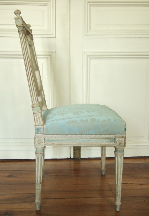 6 chaises lyre d'époque Louis XVI, soie bleue, modèle de Jacob