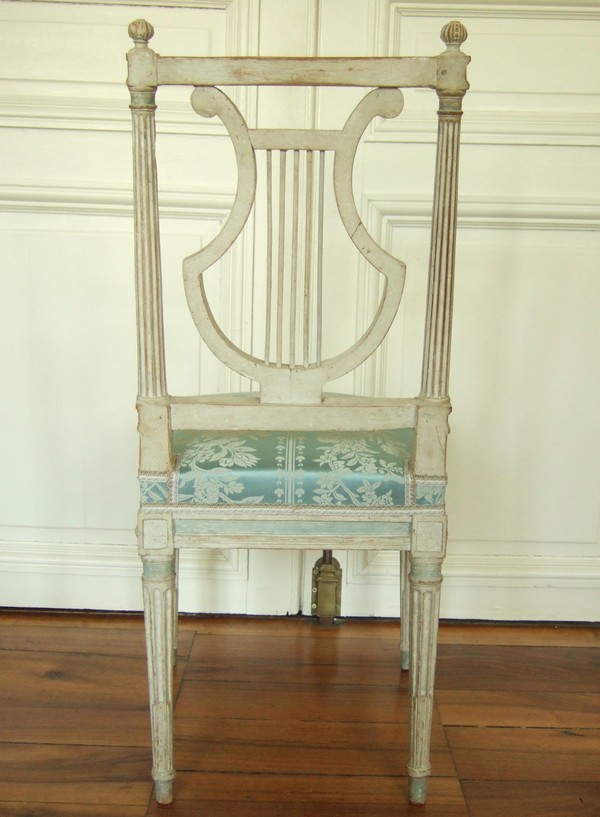 6 chaises lyre d'époque Louis XVI, soie bleue, modèle de Jacob