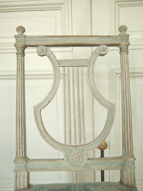 6 chaises lyre d'époque Louis XVI, soie bleue, modèle de Jacob