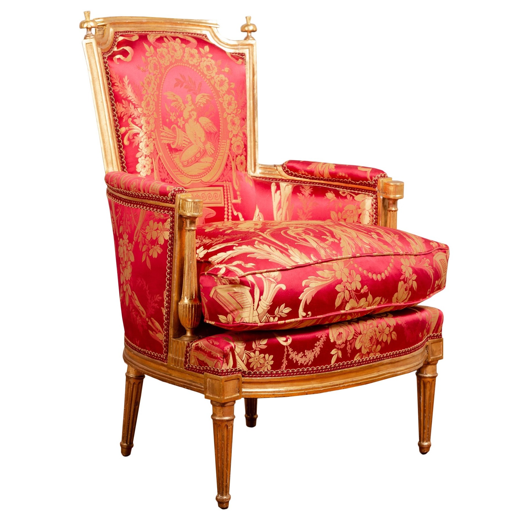 Louis XVI wing chair gilt with gold leaf, late 18th century, Tassinari & Chatel silk fabric