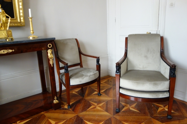 Empire mahogany bergere attributed to Demay, Consulate period circa 1800