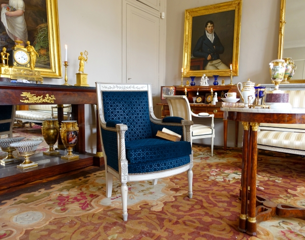 Bergère fauteuil de bureau d'époque Directoire bois laqué & velours frappé Lelièvre - Bonvallet