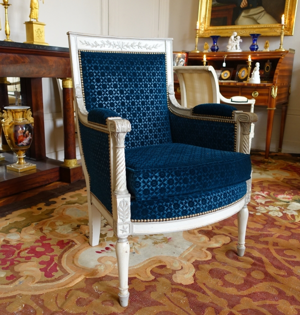 Bergère fauteuil de bureau d'époque Directoire bois laqué & velours frappé Lelièvre - Bonvallet