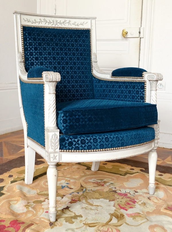 Bergère fauteuil de bureau d'époque Directoire bois laqué & velours frappé Lelièvre - Bonvallet