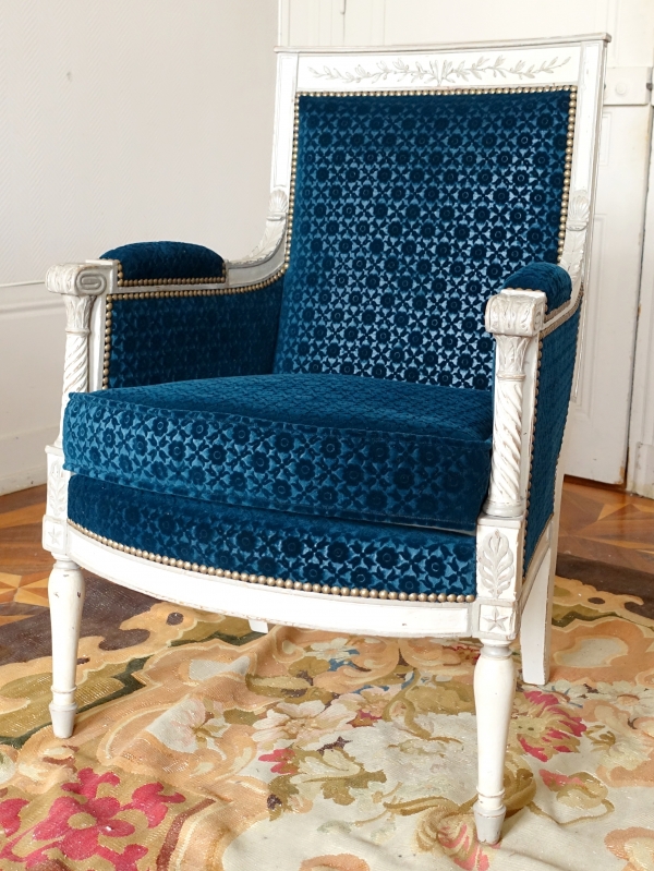 Bergère fauteuil de bureau d'époque Directoire bois laqué & velours frappé Lelièvre - Bonvallet