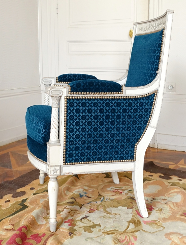 Bergère fauteuil de bureau d'époque Directoire bois laqué & velours frappé Lelièvre - Bonvallet