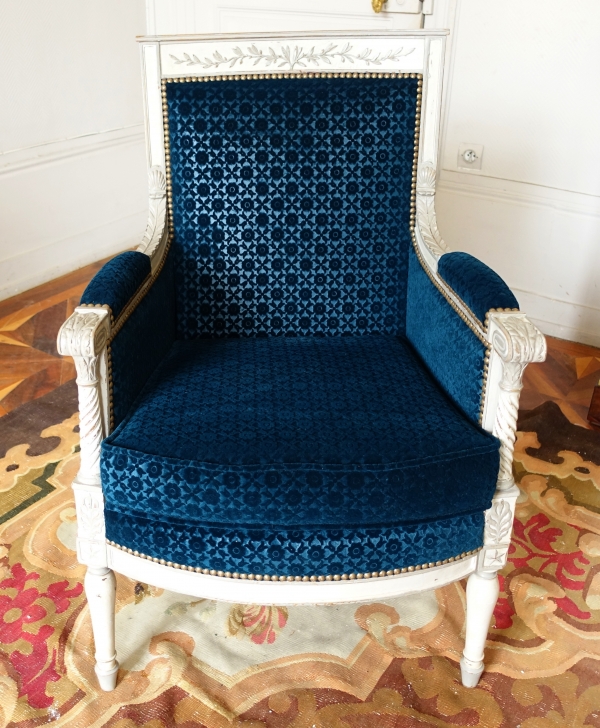 Bergère fauteuil de bureau d'époque Directoire bois laqué & velours frappé Lelièvre - Bonvallet