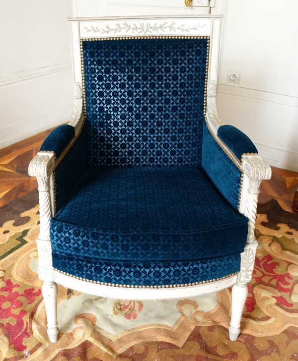 Bergère fauteuil de bureau d'époque Directoire bois laqué & velours frappé Lelièvre - Bonvallet