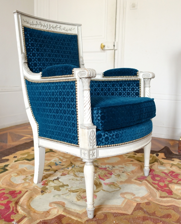 Bergère fauteuil de bureau d'époque Directoire bois laqué & velours frappé Lelièvre - Bonvallet