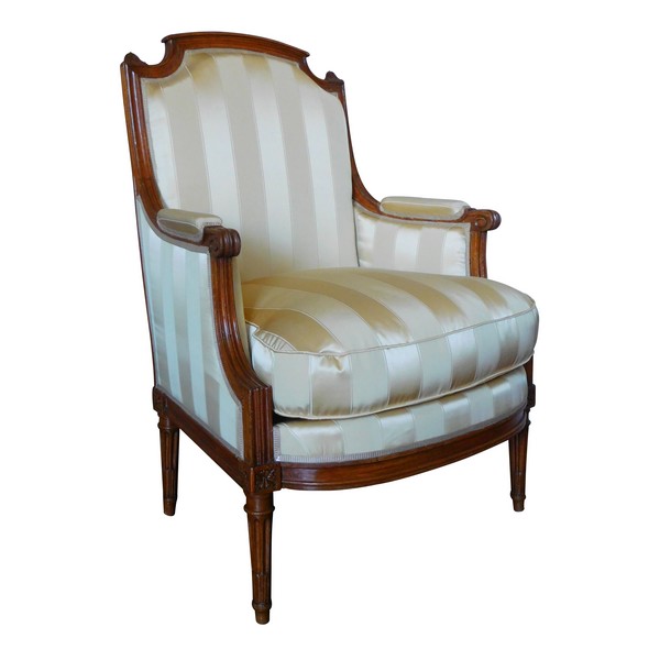 JBB Demay : large Louis XVI bergere, Tassinari & Chatel silk, late 18th century - stamped