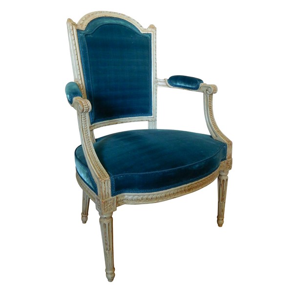 Fauteuil cabriolet d'époque Louis XVI très finement sculpté - velours de soie bleu ardoise