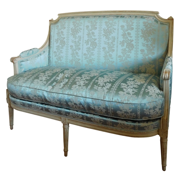 Louis XVI sofa for 2 persons, lacquered wood and blue silk, 18th century