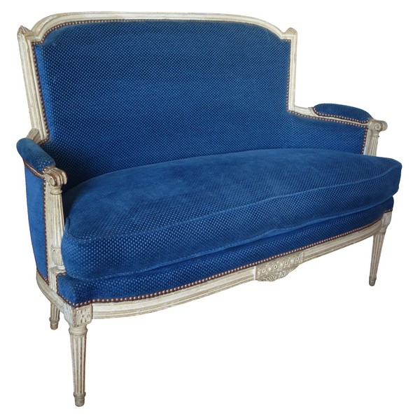 Louis XVI sofa for 2 covered with blue velvet, late 18th century circa 1790