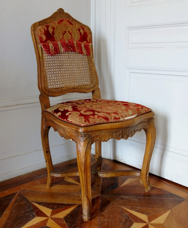 Louis XV caned chair, original Genoa velvet, 18th century