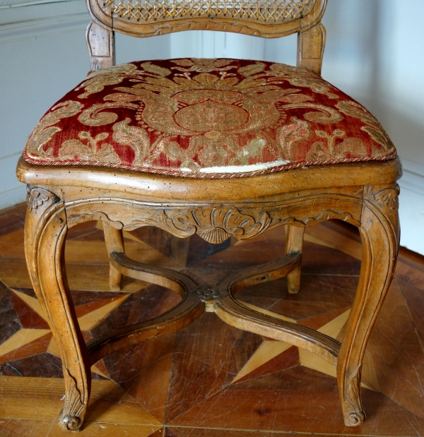 Louis XV caned chair, original Genoa velvet, 18th century